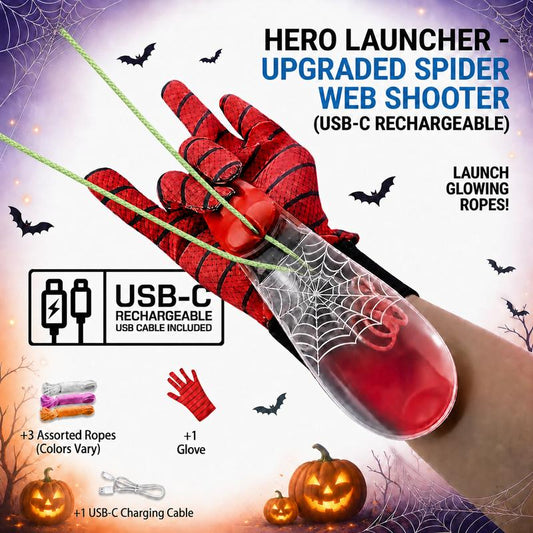 Spider Web Shooter wrist launcher with glove, glowing ropes and USB-C charging cable