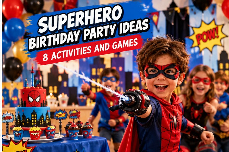 Superhero themed birthday party with colorful decorations costumes and activities