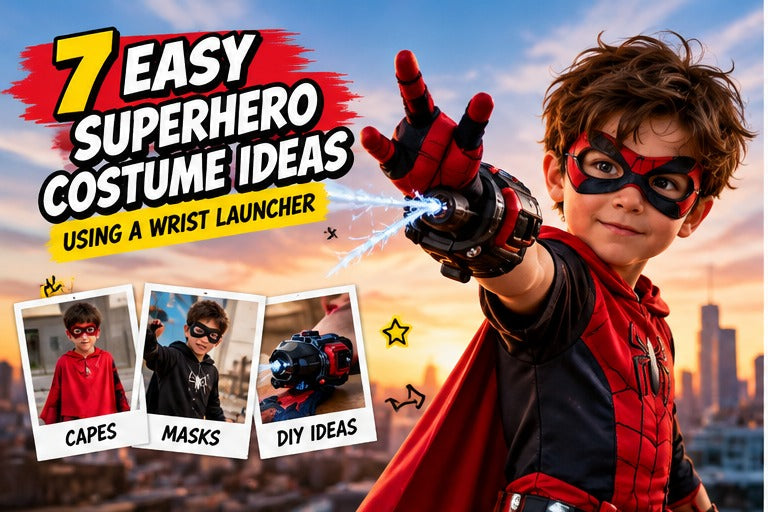 Superhero costume ideas featuring a cape, mask and wrist launcher in a playful dress-up scene