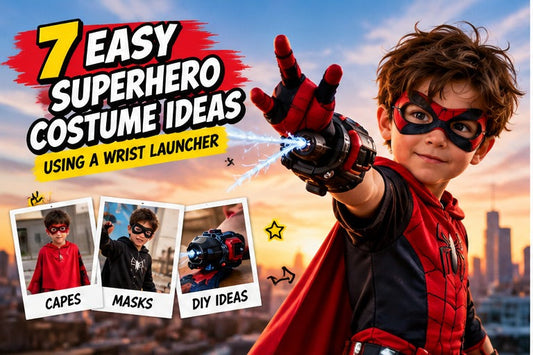 Superhero costume ideas featuring a cape, mask and wrist launcher in a playful dress-up scene